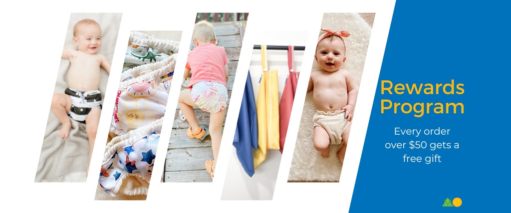 Collage of Mother-ease diaper products highlighting the new rewards program